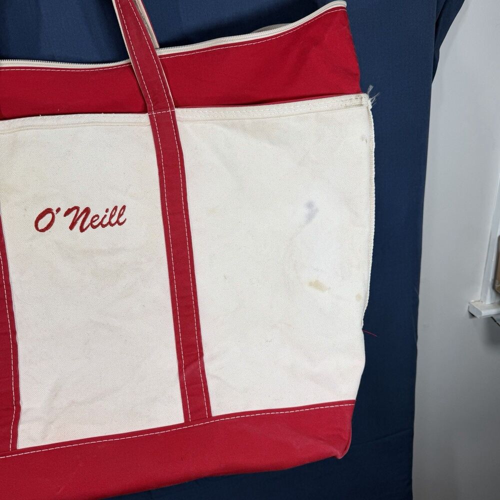 LL Bean Boat and Tote Red Trim White Canvas Tote Bag XL Zipper Top USA Made - Picture 3 of 10